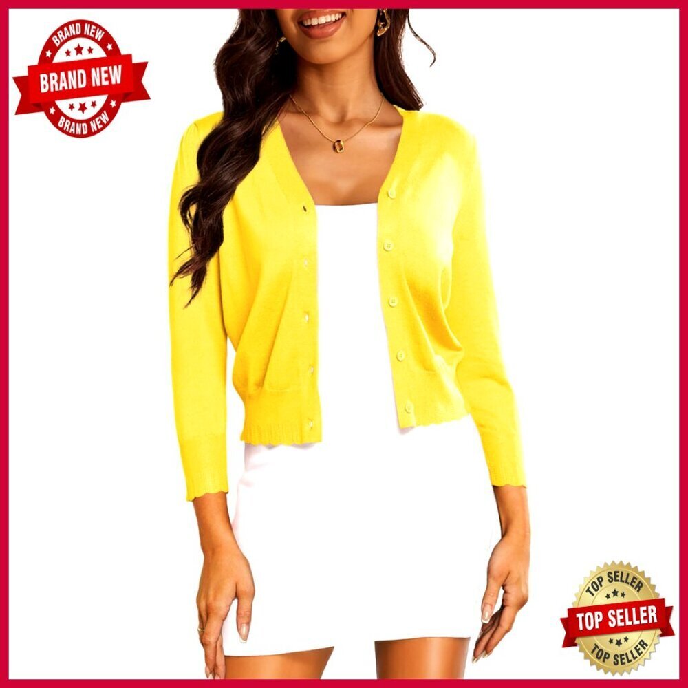 Lightweight Cropped Cardigan 3/4 Sleeve V-Neck Button Front Shrug